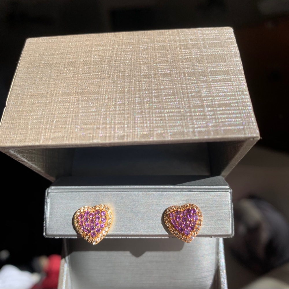 Zales Amethyst and White Topaz Heart Stud Earrings - Picture 5 of 15